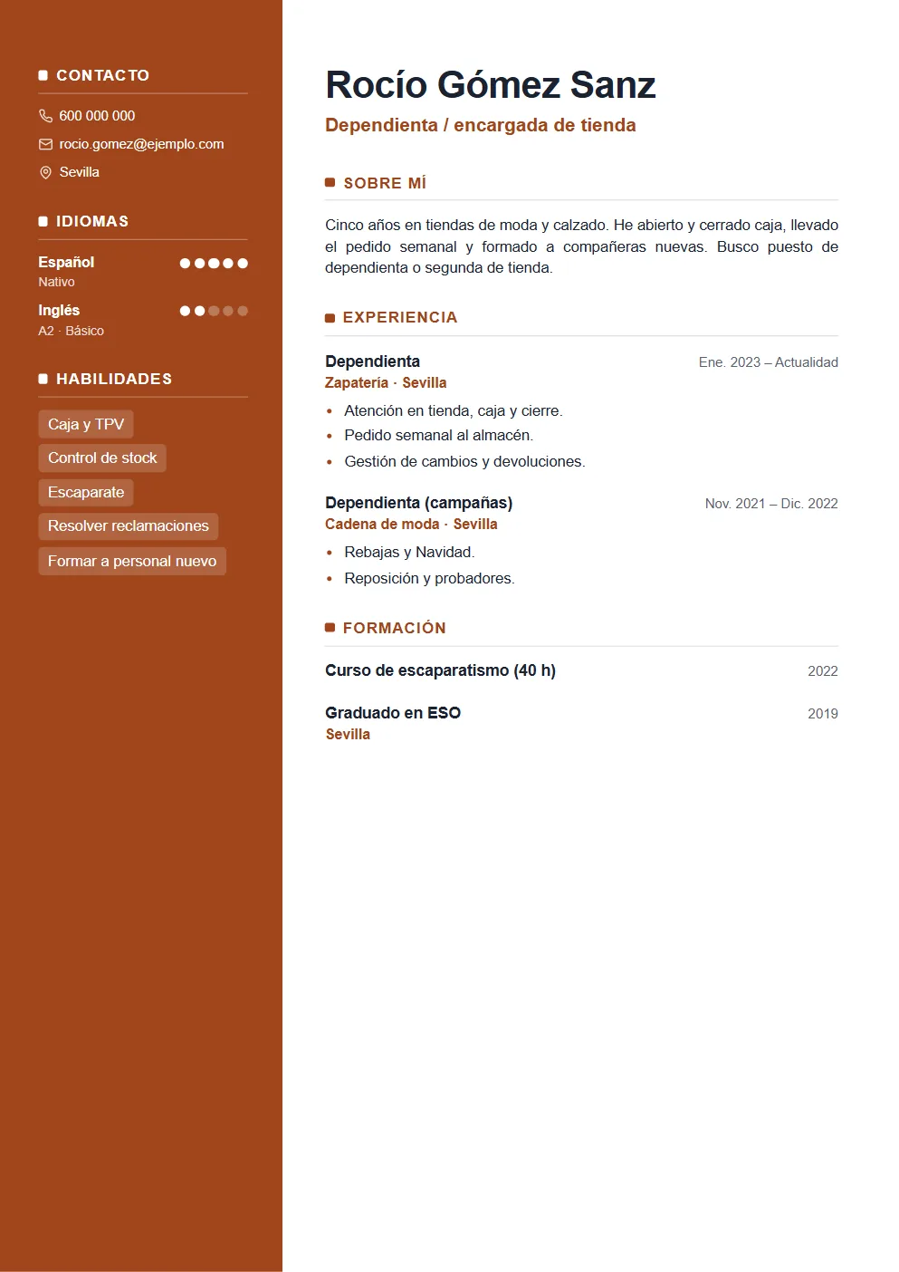 Currículum de dependienta (con experiencia): ejemplo hecho en VitaminaCV con datos inventados