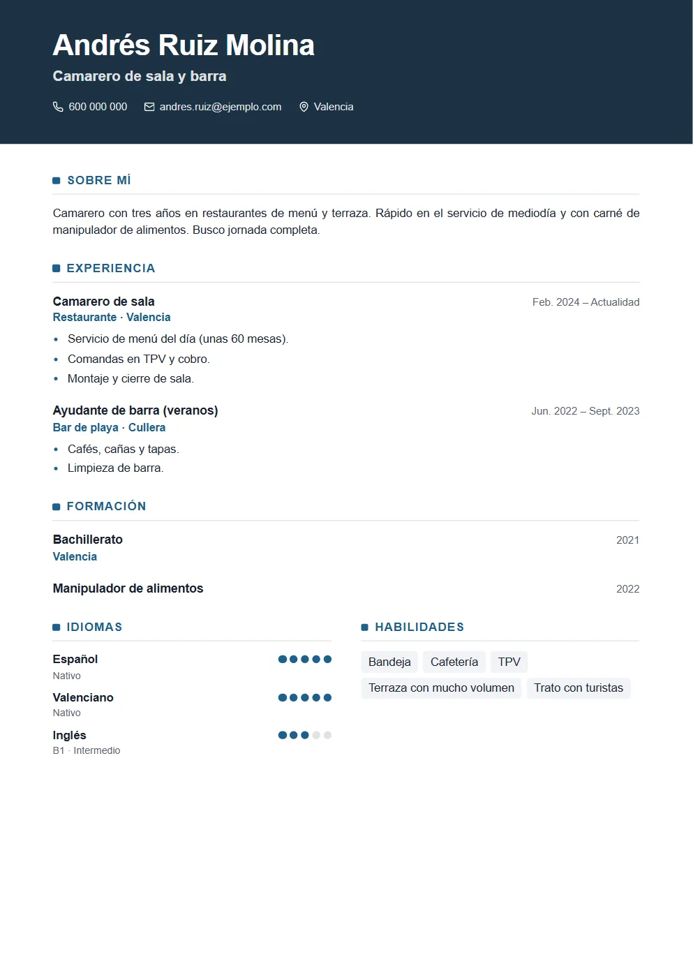 Currículum de camarero: ejemplo hecho en VitaminaCV con datos inventados