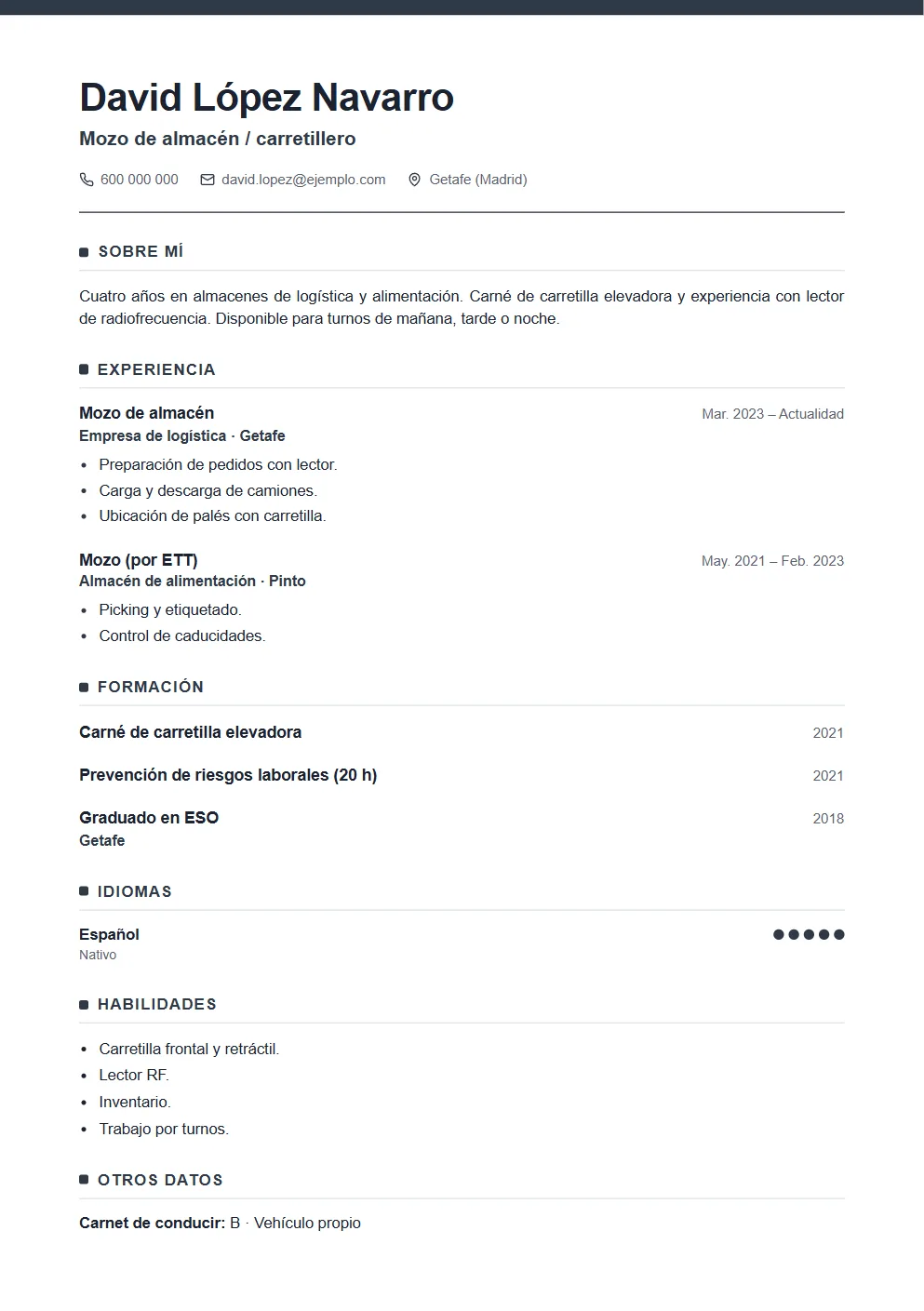 Currículum de mozo de almacén: ejemplo hecho en VitaminaCV con datos inventados