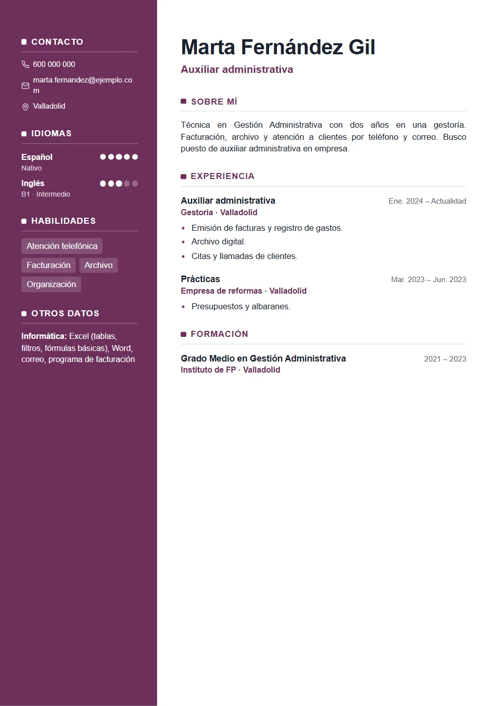 Currículum de auxiliar administrativo: ejemplo hecho en VitaminaCV con datos inventados