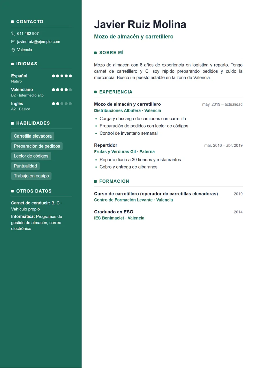 Ejemplo de currículum hecho con VitaminaCV: datos, sobre mí, experiencia, formación, idiomas y habilidades en una página